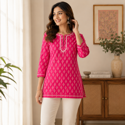 Qaba Women's Printed Cotton Short Kurti Top | Ethnic Casual Tunic with 3/4 Sleeves