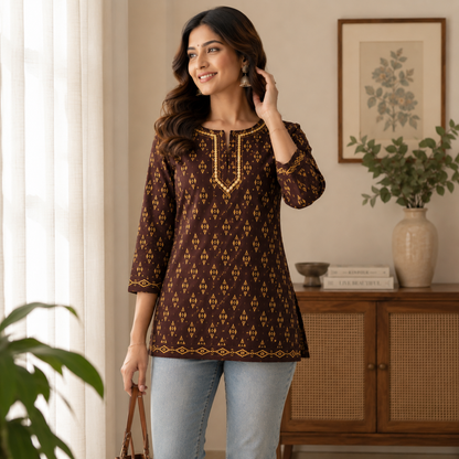 Qaba Women's Printed Cotton Short Kurti Top | Ethnic Casual Tunic with 3/4 Sleeves