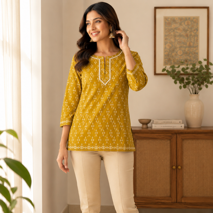 Qaba Women's Printed Cotton Short Kurti Top | Ethnic Casual Tunic with 3/4 Sleeves