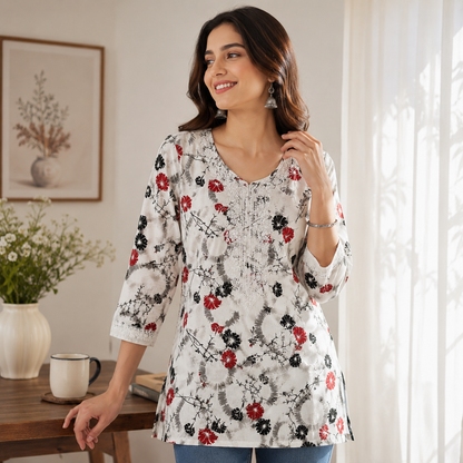Qaba Women's Floral Printed Short Kurti Top with Embroidered Round Neck & 3/4 Sleeves