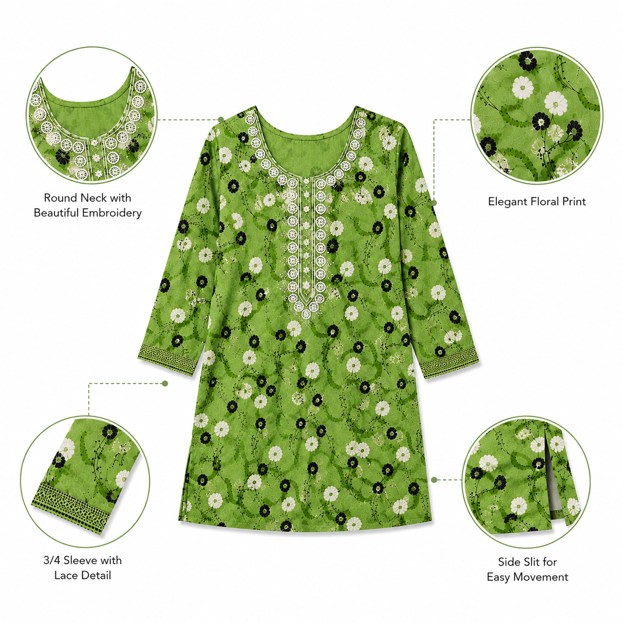 Qaba Women's Floral Printed Short Kurti Top with Embroidered Round Neck & 3/4 Sleeves