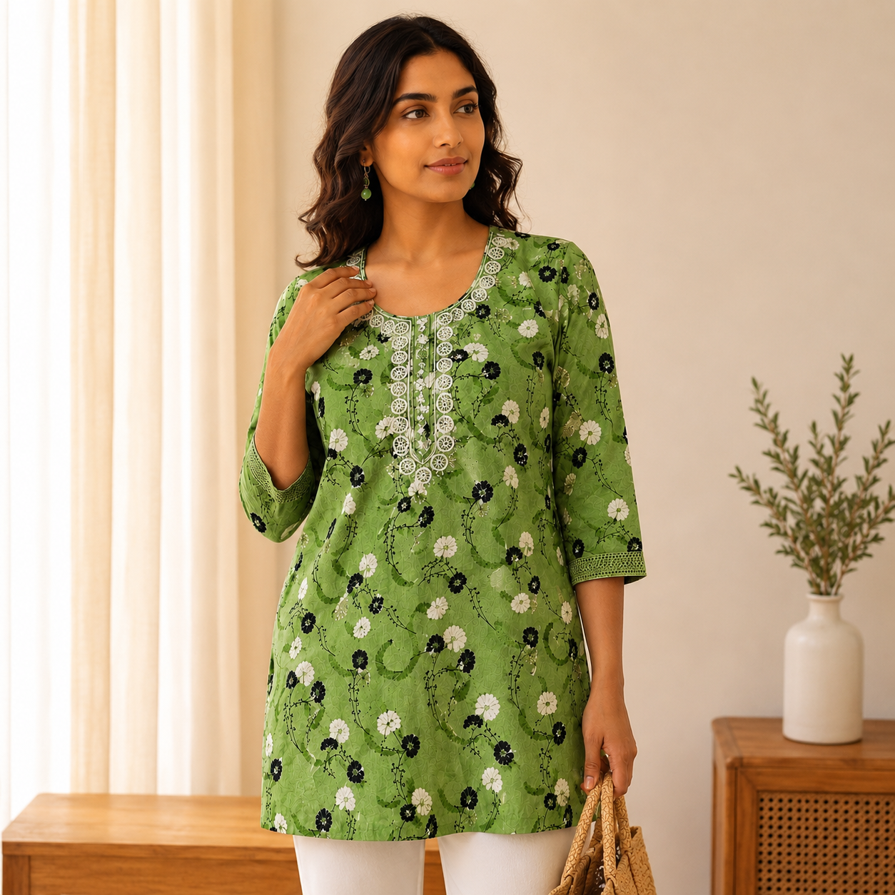 Qaba Women's Floral Printed Short Kurti Top with Embroidered Round Neck & 3/4 Sleeves