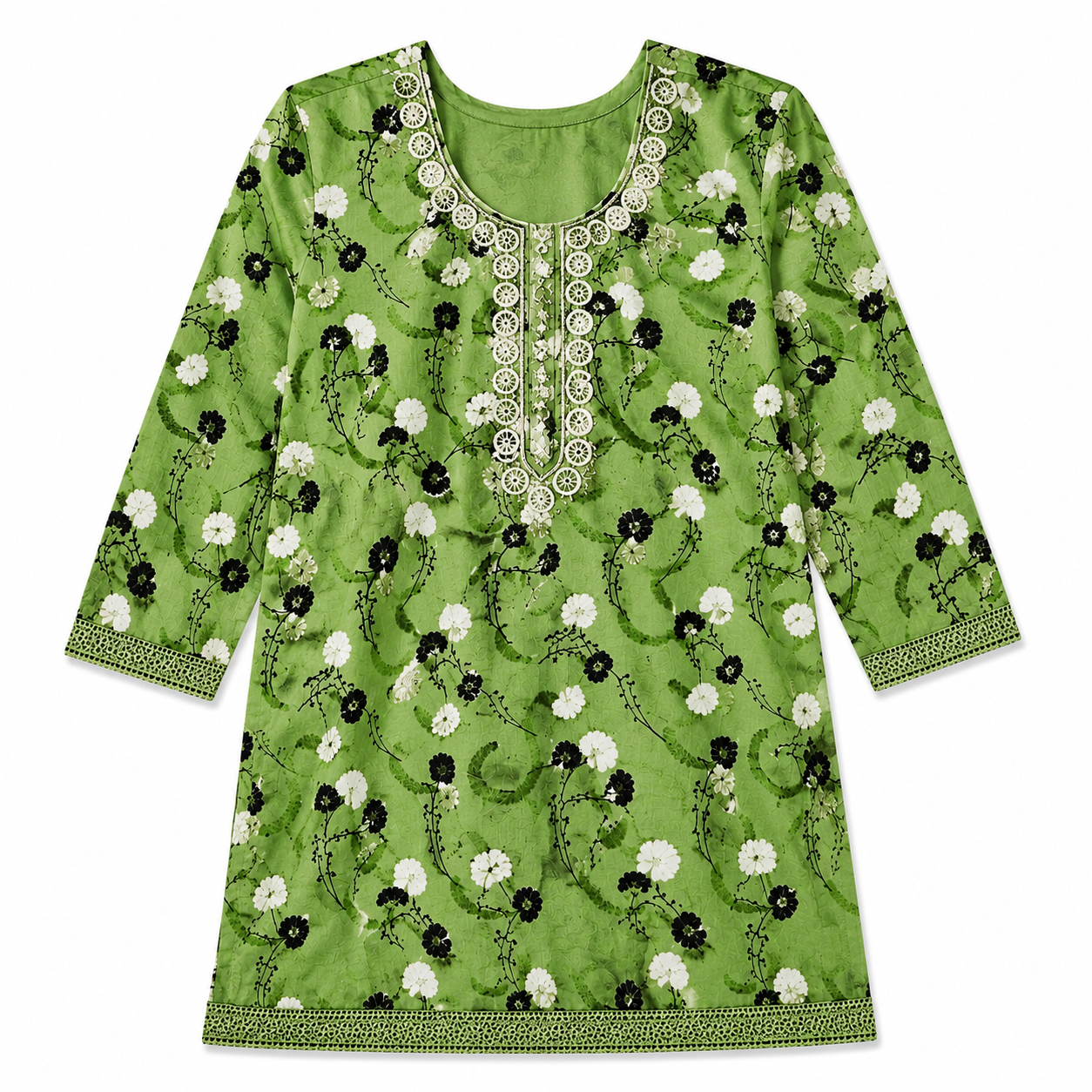 Qaba Women's Floral Printed Short Kurti Top with Embroidered Round Neck & 3/4 Sleeves