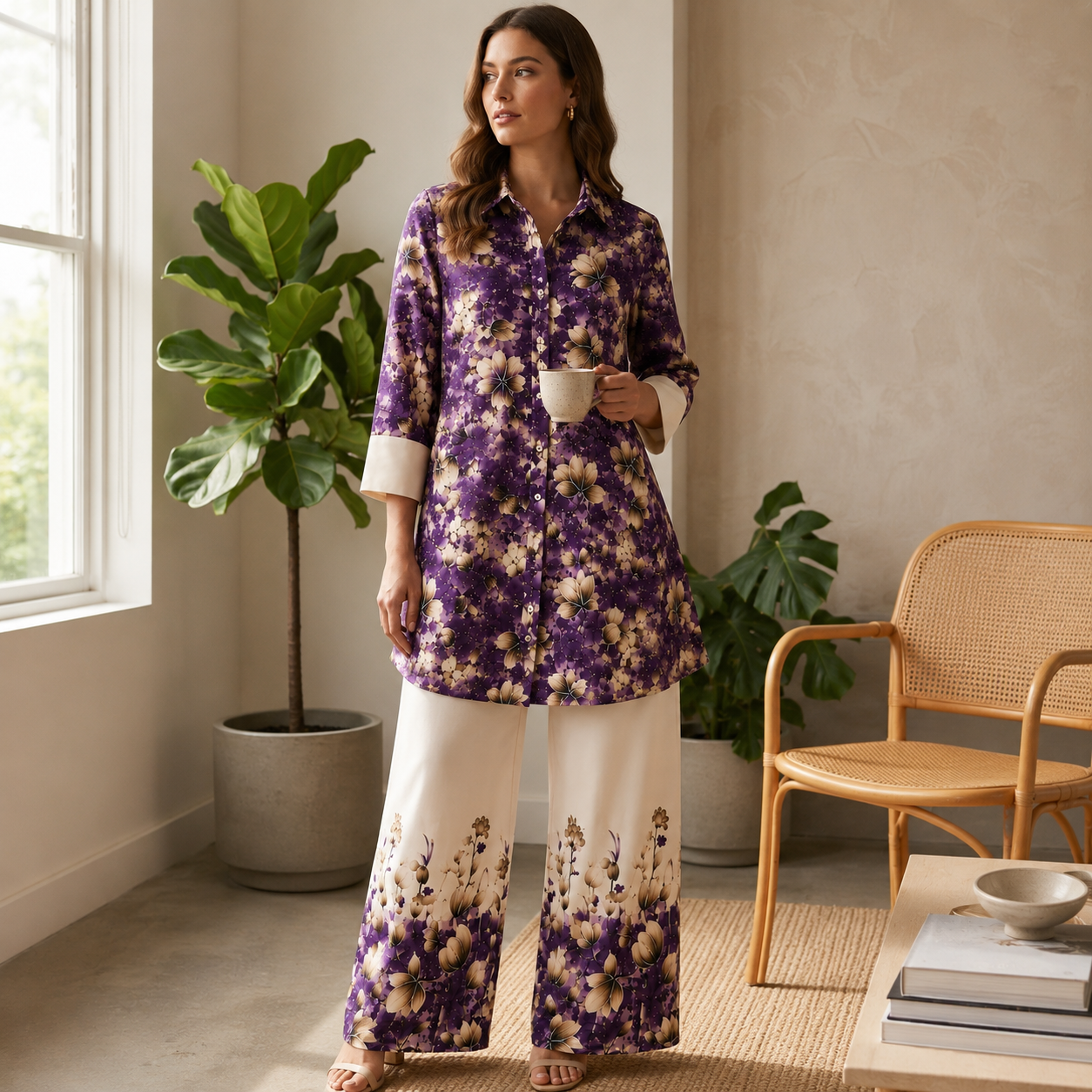 Qaba Women's Floral Printed Co-Ord Set | Purple Shirt Style Kurta with Palazzo Pants | Ethnic Casual Matching Set