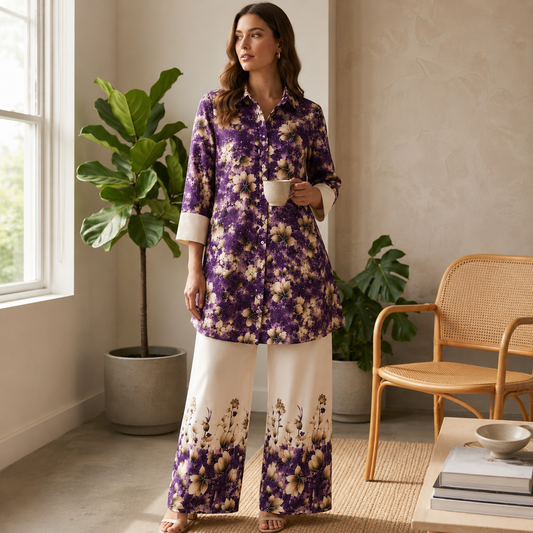 Qaba Women's Floral Printed Co-Ord Set | Purple Shirt Style Kurta with Palazzo Pants | Ethnic Casual Matching Set