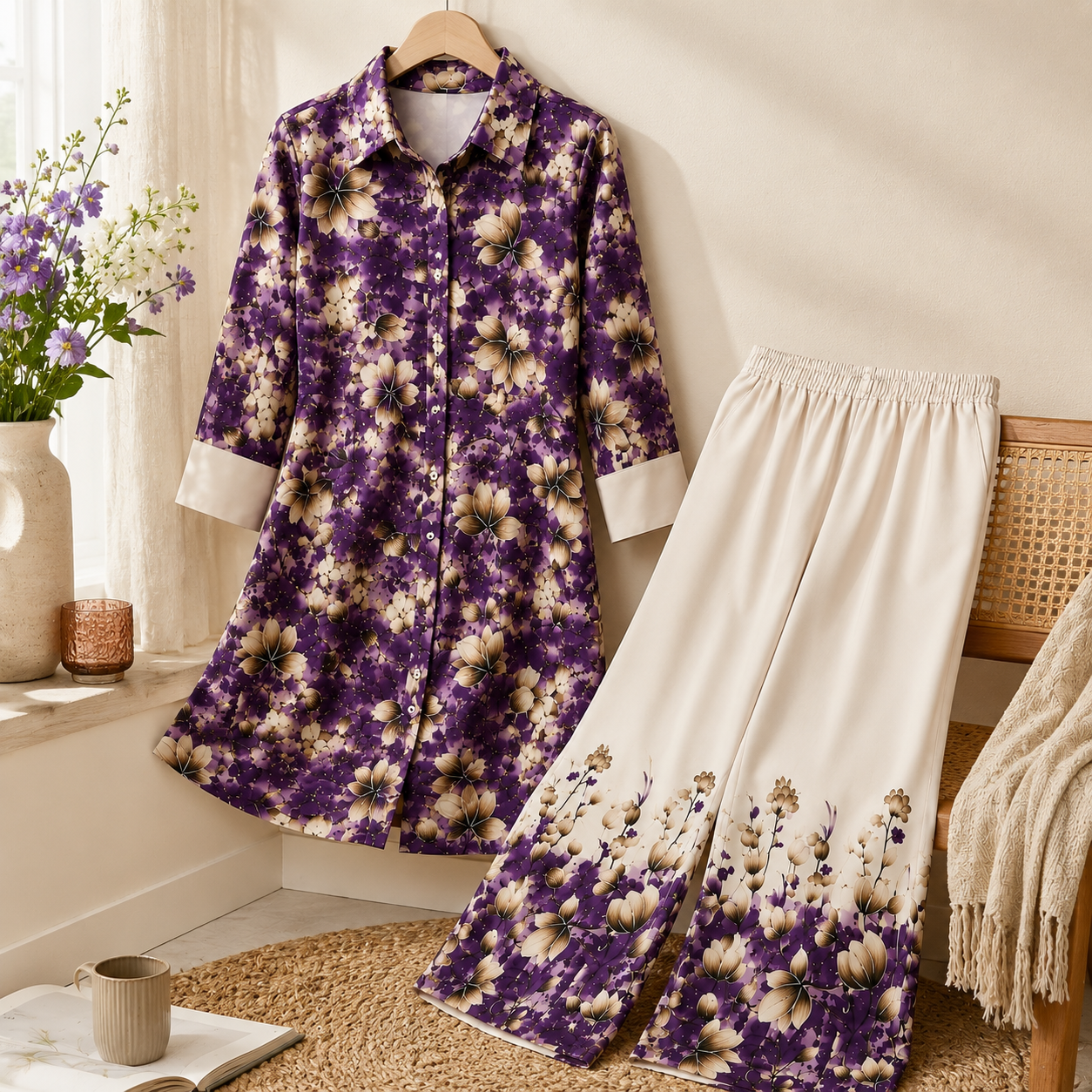 Qaba Women's Floral Printed Co-Ord Set | Purple Shirt Style Kurta with Palazzo Pants | Ethnic Casual Matching Set