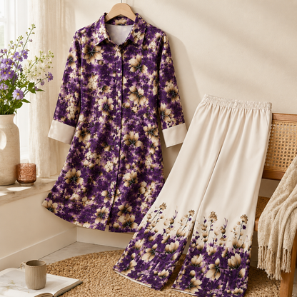 Qaba Women's Floral Printed Co-Ord Set | Purple Shirt Style Kurta with Palazzo Pants | Ethnic Casual Matching Set