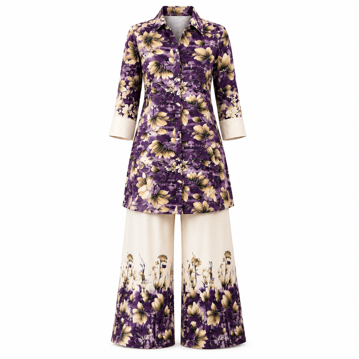 Qaba Women's Floral Printed Co-Ord Set | Purple Shirt Style Kurta with Palazzo Pants | Ethnic Casual Matching Set