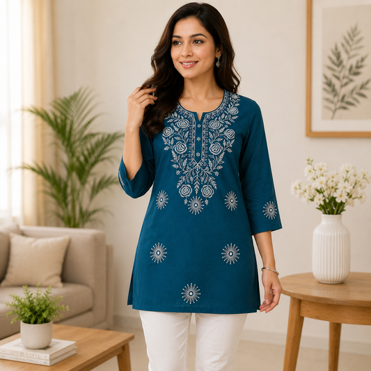 Qaba Women's Embroidered Short Kurti Top with Floral Thread Work & 3/4 Sleeve | Blue