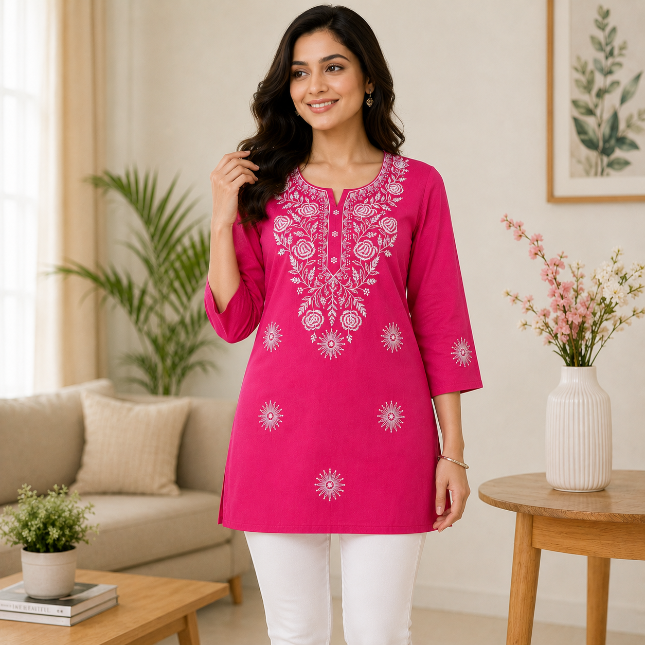 Qaba Women's Embroidered Short Kurti Top with Floral Thread Work & 3/4 Sleeve | Pink