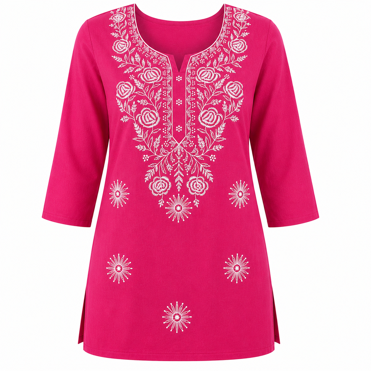 Qaba Women's Embroidered Short Kurti Top with Floral Thread Work & 3/4 Sleeve | Pink