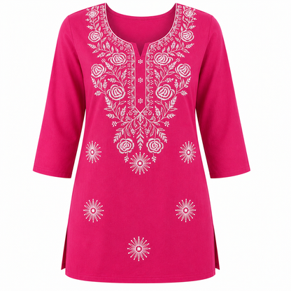 Qaba Women's Embroidered Short Kurti Top with Floral Thread Work & 3/4 Sleeve | Pink