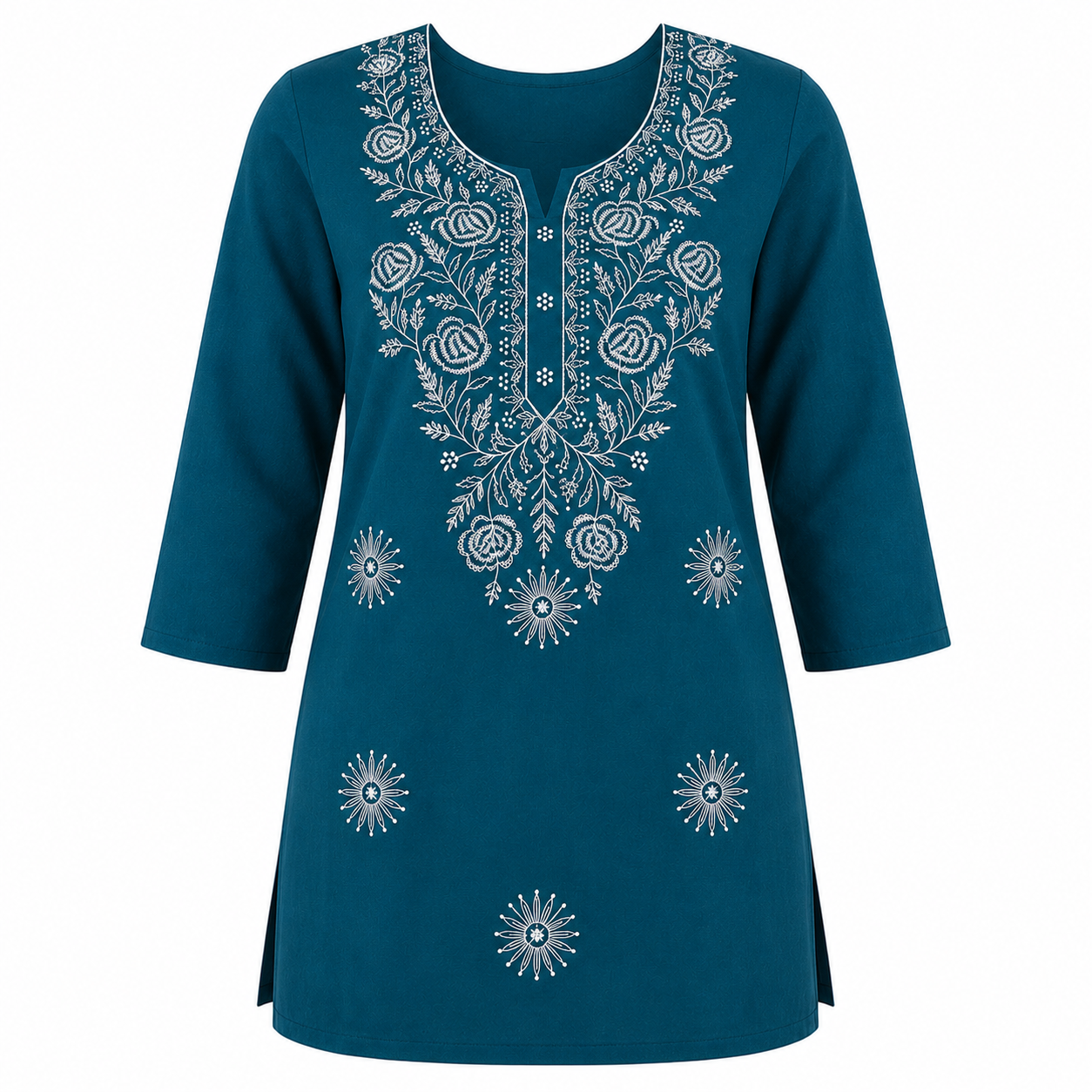 Qaba Women's Embroidered Short Kurti Top with Floral Thread Work & 3/4 Sleeve | Blue