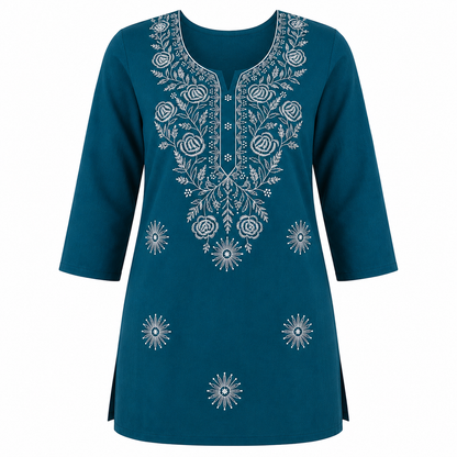 Qaba Women's Embroidered Short Kurti Top with Floral Thread Work & 3/4 Sleeve | Blue