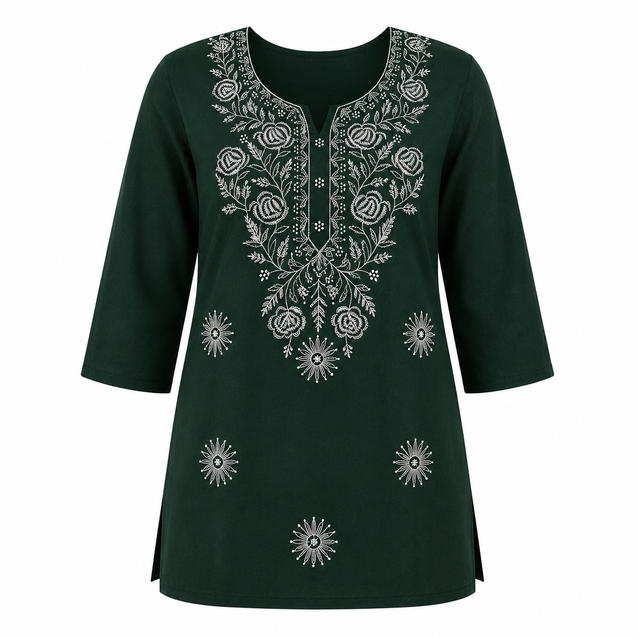 Qaba Women's Embroidered Short Kurti Top with Floral Thread Work & 3/4 Sleeve | Green