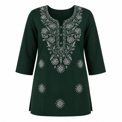 Qaba Women's Embroidered Short Kurti Top with Floral Thread Work & 3/4 Sleeve | Green