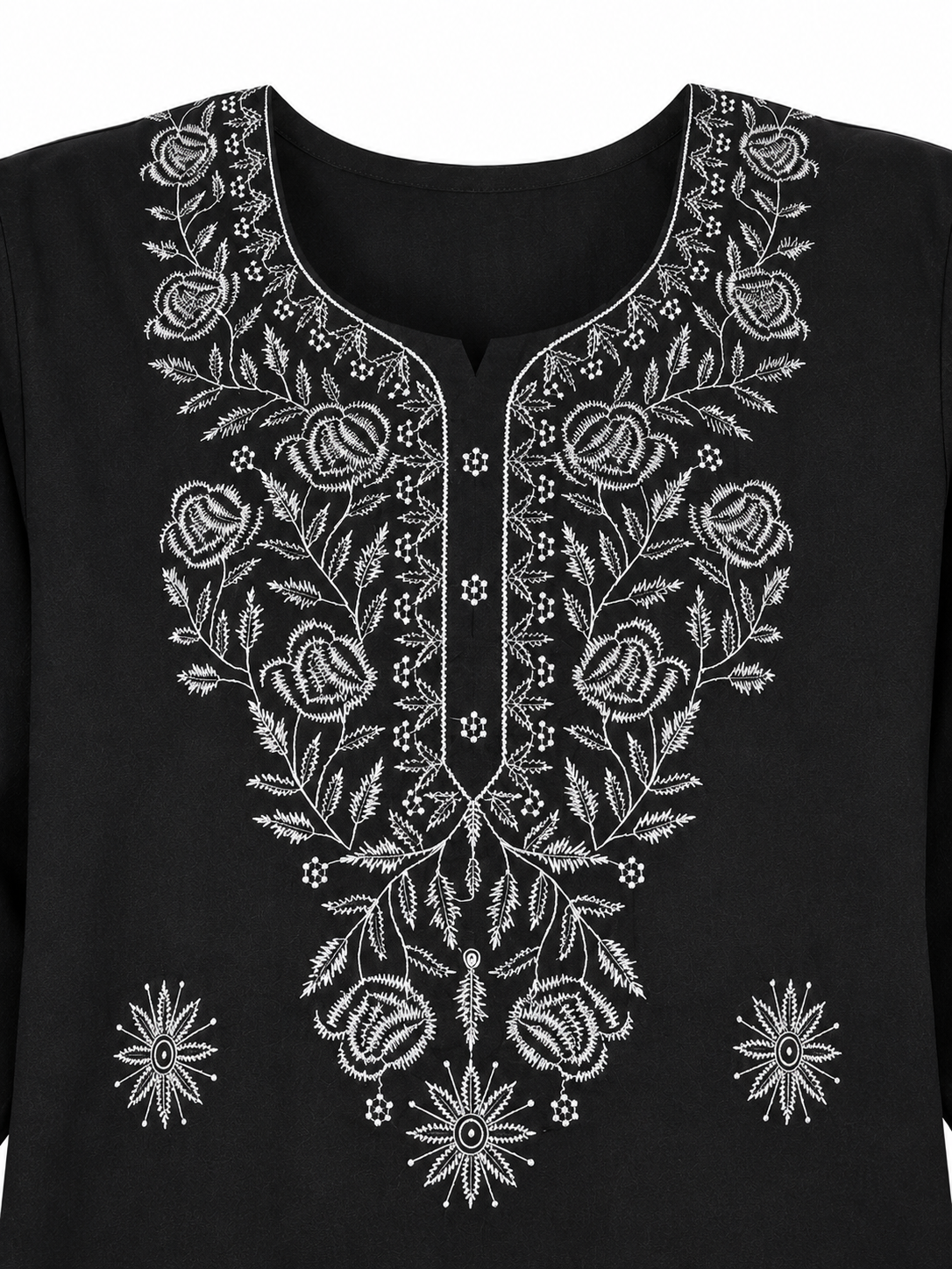 Qaba Women's Embroidered Short Kurti Top with Floral Thread Work & 3/4 Sleeve | Black