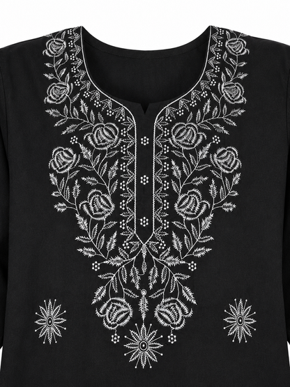 Qaba Women's Embroidered Short Kurti Top with Floral Thread Work & 3/4 Sleeve | Black