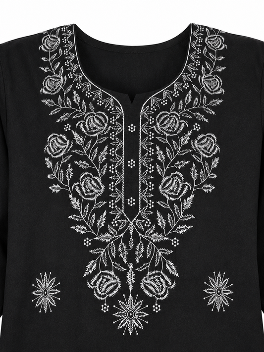 Qaba Women's Embroidered Short Kurti Top with Floral Thread Work & 3/4 Sleeve | Black