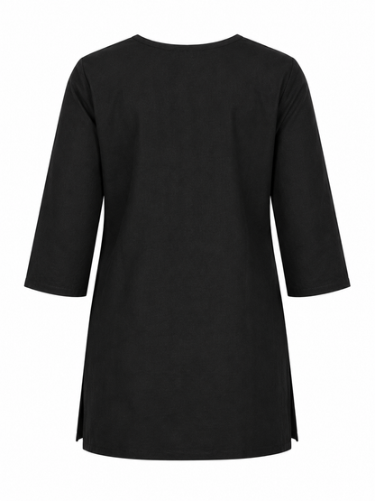Qaba Women's Embroidered Short Kurti Top with Floral Thread Work & 3/4 Sleeve | Black