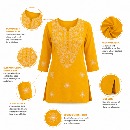 Qaba Women's Embroidered Short Kurti Top with Floral Thread Work & 3/4 Sleeve | Yellow