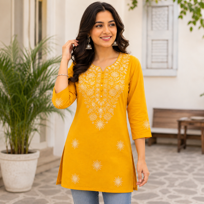 Qaba Women's Embroidered Short Kurti Top with Floral Thread Work & 3/4 Sleeve | Yellow