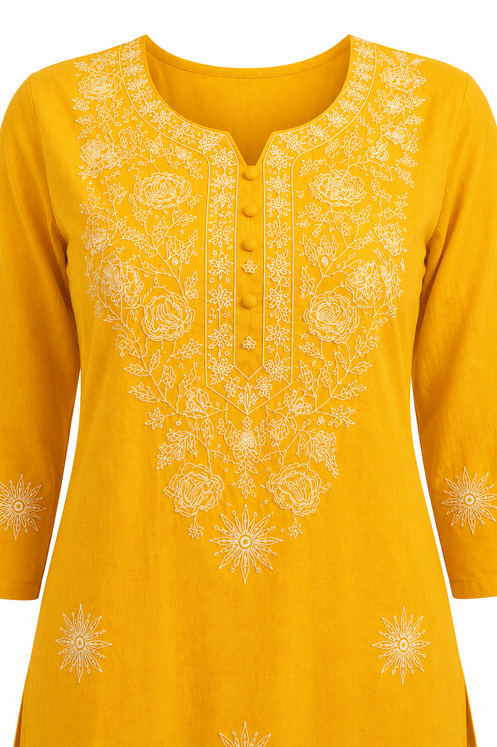Qaba Women's Embroidered Short Kurti Top with Floral Thread Work & 3/4 Sleeve | Yellow