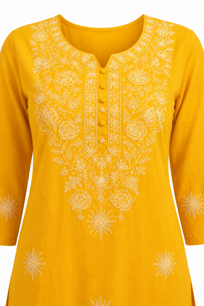 Qaba Women's Embroidered Short Kurti Top with Floral Thread Work & 3/4 Sleeve | Yellow