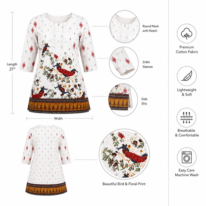 Women's Off-White Printed Cotton Short Kurti | Peacock & Floral Print
