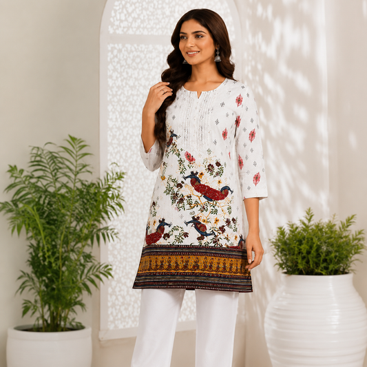 Women's Off-White Printed Cotton Short Kurti | Peacock & Floral Print