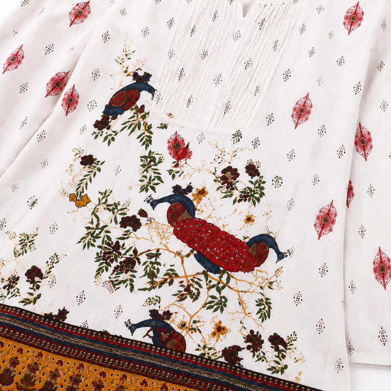Women's Off-White Printed Cotton Short Kurti | Peacock & Floral Print