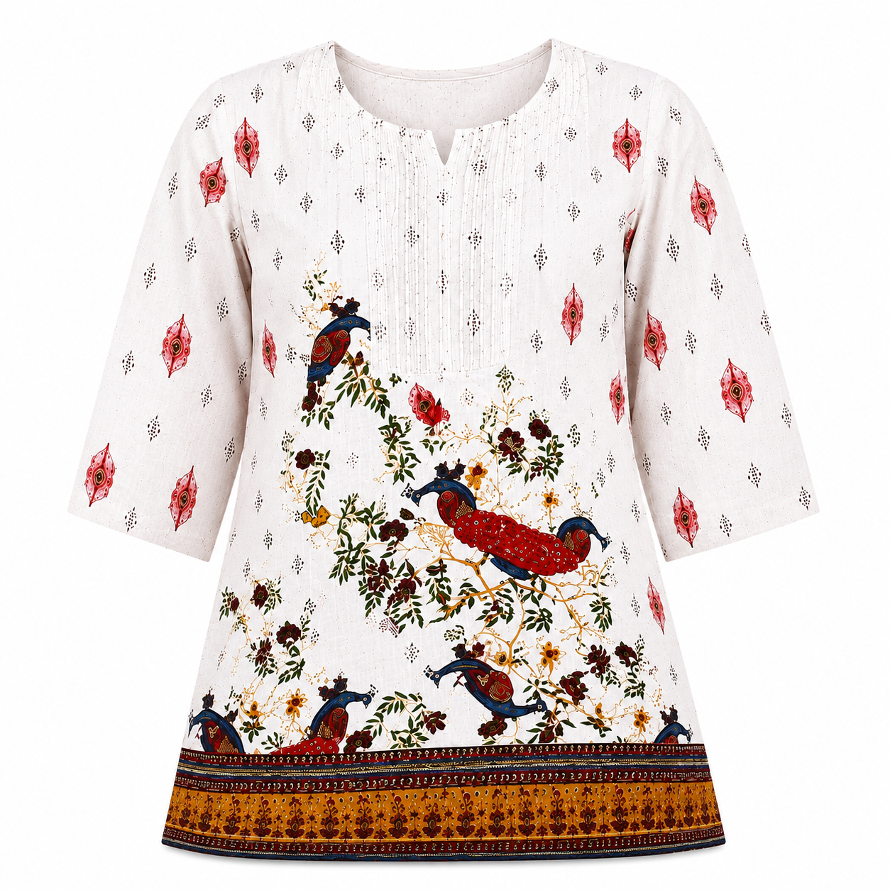 Women's Off-White Printed Cotton Short Kurti | Peacock & Floral Print