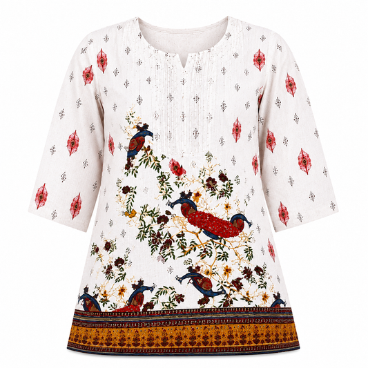 Women's Off-White Printed Cotton Short Kurti | Peacock & Floral Print