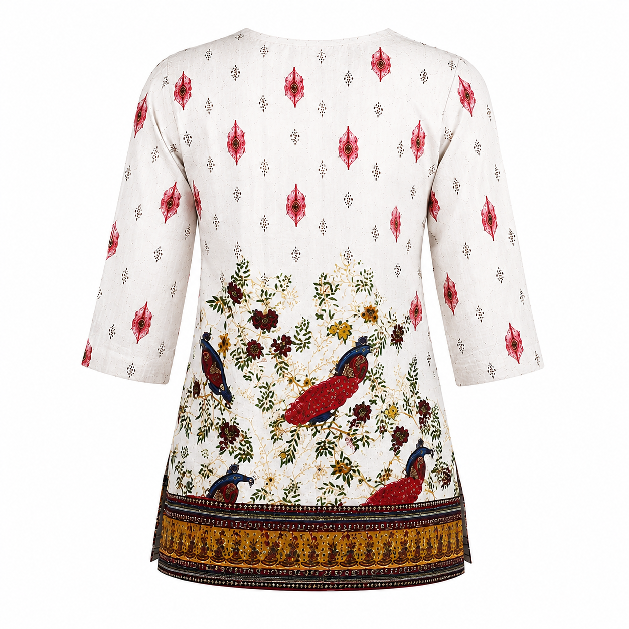 Women's Off-White Printed Cotton Short Kurti | Peacock & Floral Print