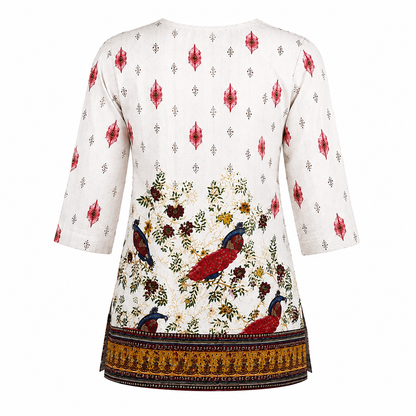 Women's Off-White Printed Cotton Short Kurti | Peacock & Floral Print