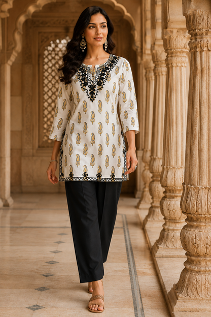 Qaba Women's Embroidered Printed Kurti for Women Cotton Blend Paisley Print Ethnic Casual Office Wear