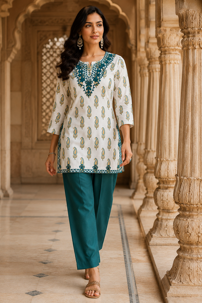 Qaba Women's Embroidered Printed Kurti for Women Cotton Blend Paisley Print Ethnic Casual Office Wear