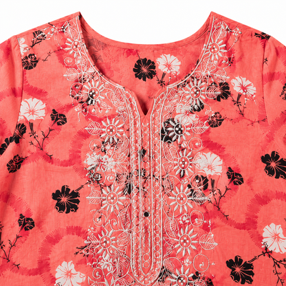 Qaba Women's Floral Printed Short Kurti Top with Embroidered Round Neck & 3/4 Sleeves