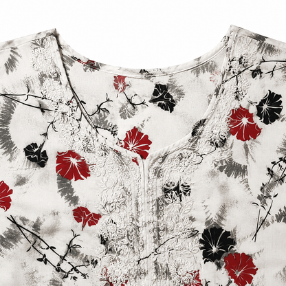 Qaba Women's Floral Printed Short Kurti Top with Embroidered Round Neck & 3/4 Sleeves