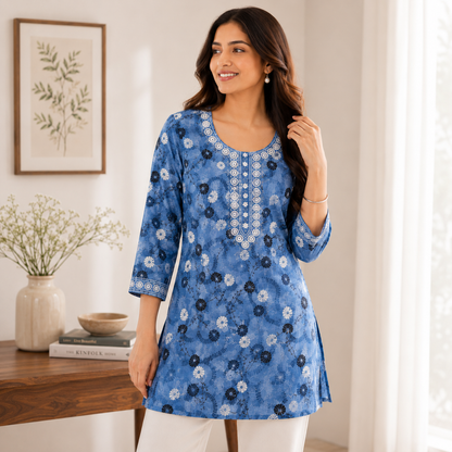 Qaba Women's Floral Printed Short Kurti Top with Embroidered Round Neck & 3/4 Sleeves