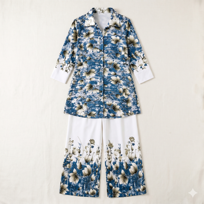 Qaba Women's Floral Printed Co-Ord Set | Blue Shirt Style Kurta with Palazzo Pants | Ethnic Casual Matching Set