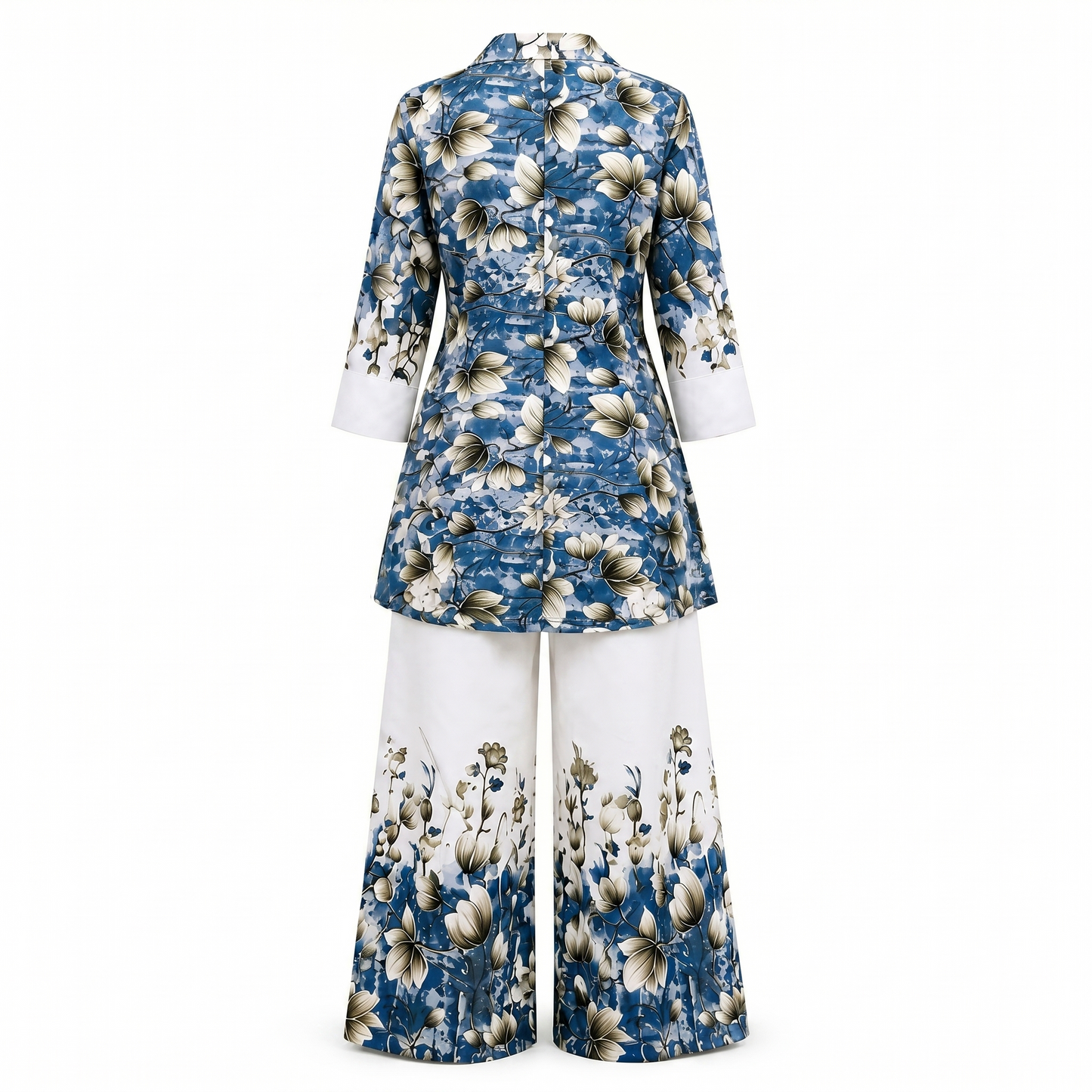 Qaba Women's Floral Printed Co-Ord Set | Blue Shirt Style Kurta with Palazzo Pants | Ethnic Casual Matching Set