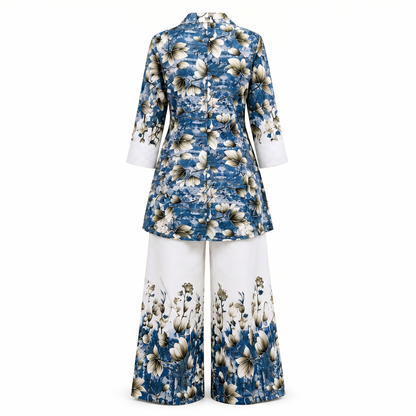 Qaba Women's Floral Printed Co-Ord Set | Blue Shirt Style Kurta with Palazzo Pants | Ethnic Casual Matching Set