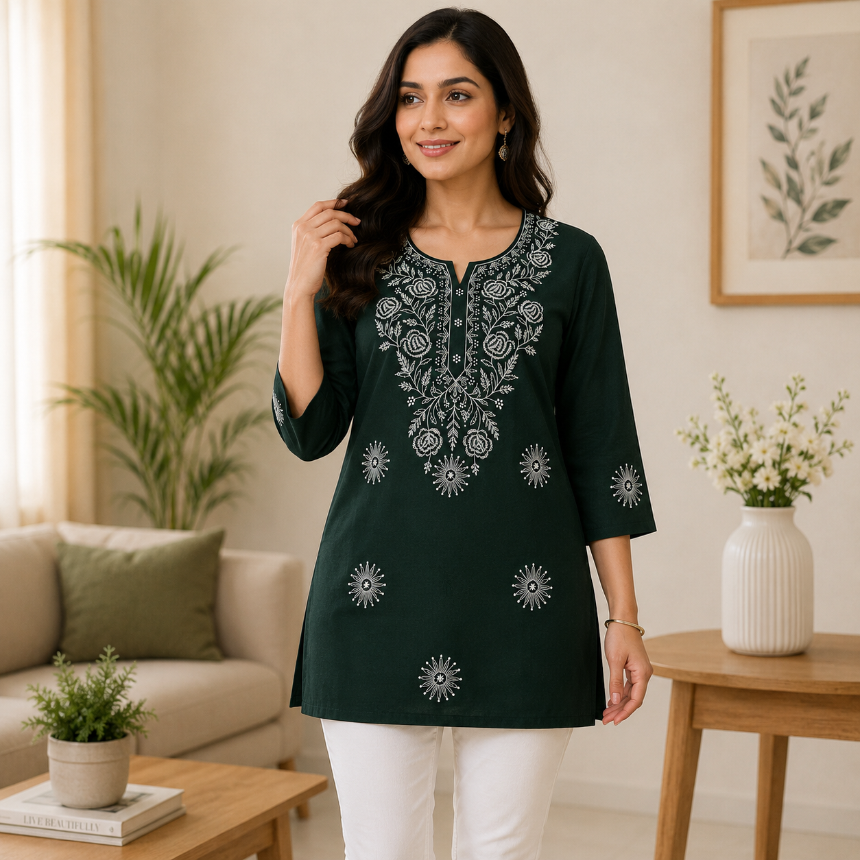 Qaba Women's Embroidered Short Kurti Top with Floral Thread Work & 3/4 Sleeve | Green