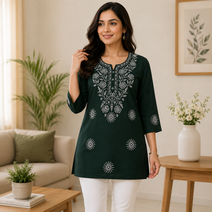 Qaba Women's Embroidered Short Kurti Top with Floral Thread Work & 3/4 Sleeve | Green
