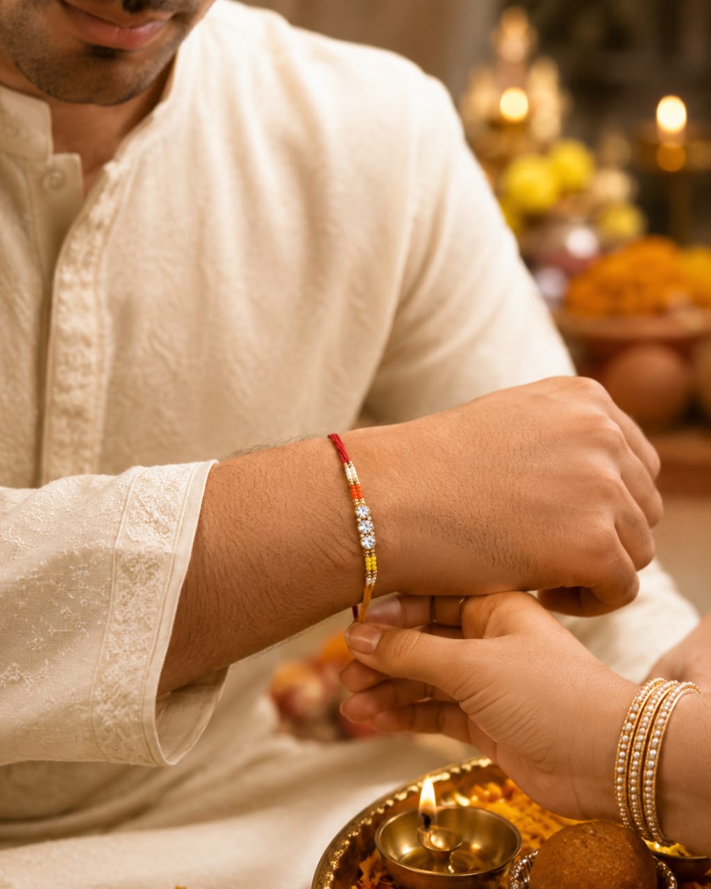 Crystal Stone Rakhi Red Yellow Beaded Designer Rakhi Gold Tone Standard Size