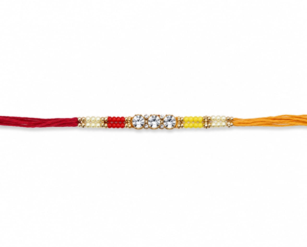 Crystal Stone Rakhi Red Yellow Beaded Designer Rakhi Gold Tone Standard Size