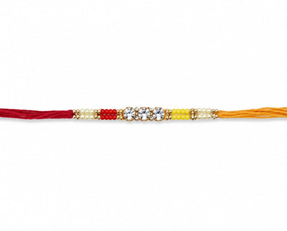 Crystal Stone Rakhi Red Yellow Beaded Designer Rakhi Gold Tone Standard Size