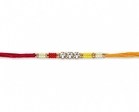 Crystal Stone Rakhi Red Yellow Beaded Designer Rakhi Gold Tone Standard Size
