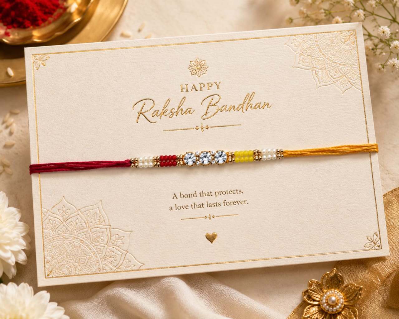 Crystal Stone Rakhi Red Yellow Beaded Designer Rakhi Gold Tone Standard Size